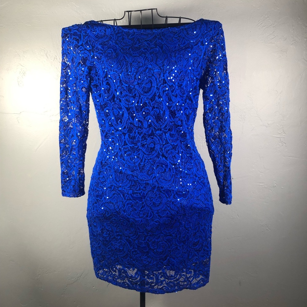 Blue stretch sequin and lace dress